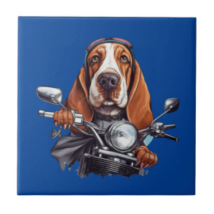 Cool dog biker, cute basset hound dog driver tile