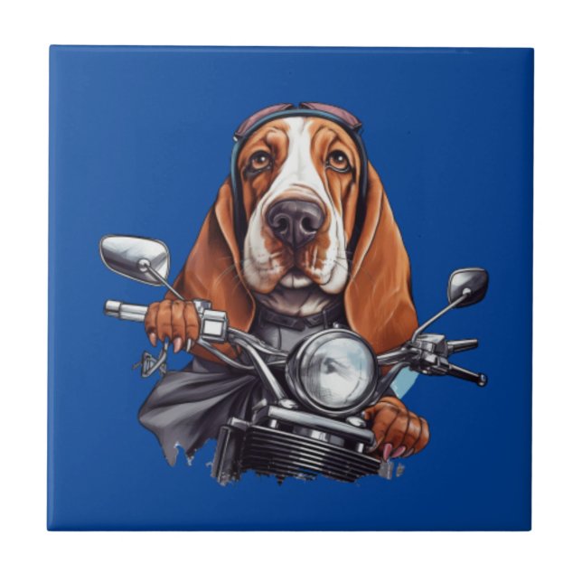 Cool dog biker, cute basset hound dog driver tile (Front)