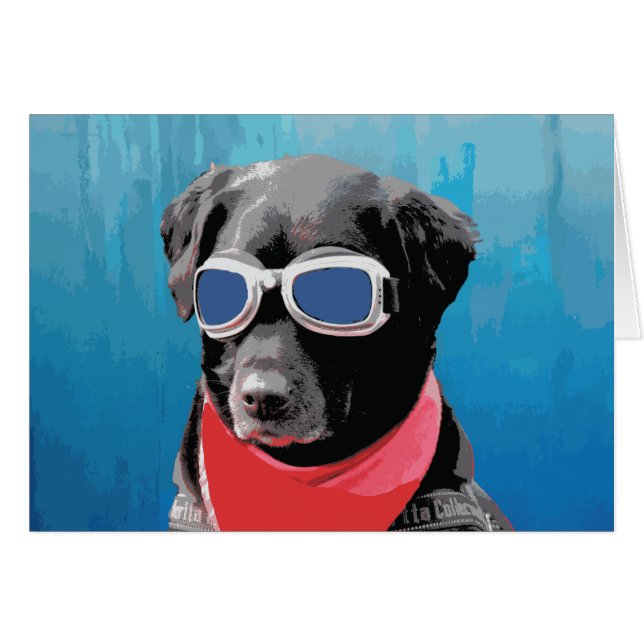 Cool Dog Black Lab Red Bandanna Blue Goggles (Front Horizontal)