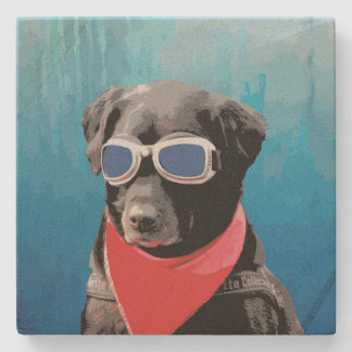 Cool Dog Black Lab Red Bandanna Blue Goggles Stone Coaster
