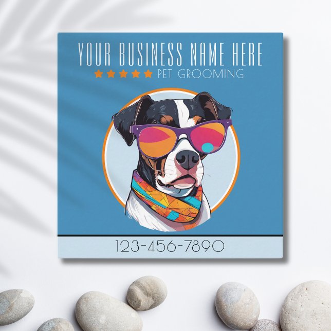 Cool Dog Grooming trendy and stylish loyalty Square Business Card (A business card with some attitude. Cool dog with sunglasses shows your grooming business has style.)
