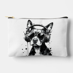 Cool Dog headphones Cute Pets Black and white ink Accessory Pouch