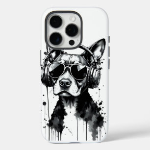 Cool Dog headphones Cute Pets Black and white ink iPhone 16 Pro Case