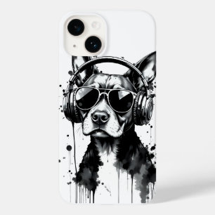 Cool Dog headphones Cute Pets Black and white ink Case-Mate iPhone 14 Case