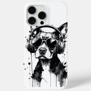 Cool Dog headphones Cute Pets Black and white ink iPhone 15 Pro Max Case