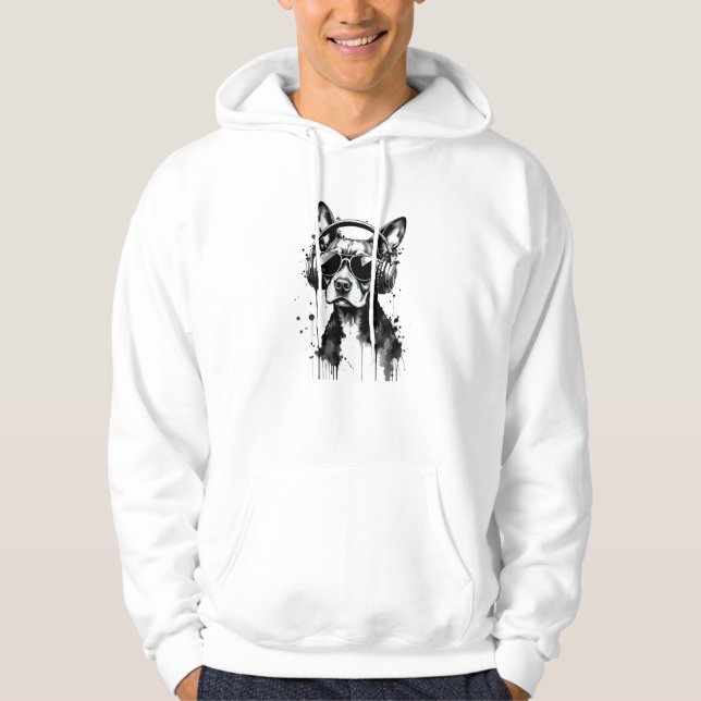 Cool Dog headphones Cute Pets Black and white ink Hoodie (Front)