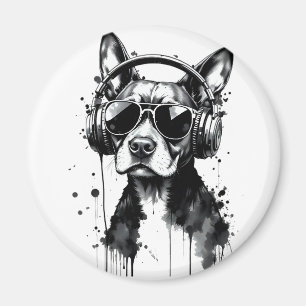 Cool Dog headphones Cute Pets Black and white ink Magnet