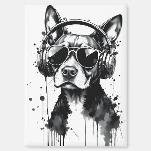 Cool Dog headphones Cute Pets Black and white ink Magnet