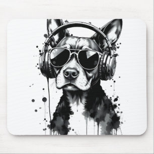 Cool Dog headphones Cute Pets Black and white ink Mouse Pad