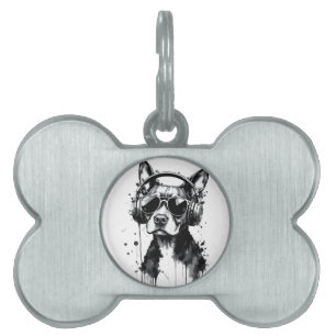 Cool Dog headphones Cute Pets Black and white ink Pet ID Tag