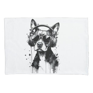 Cool Dog headphones Cute Pets Black and white ink Pillowcase