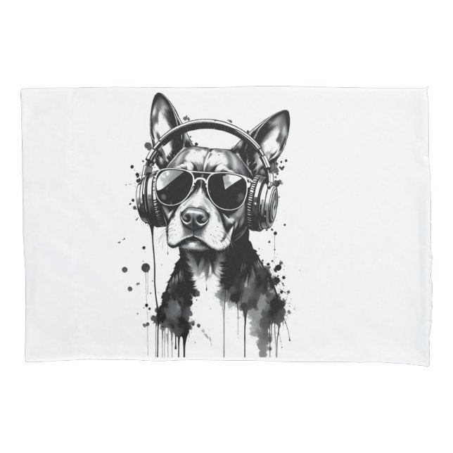 Cool Dog headphones Cute Pets Black and white ink Pillowcase (Front)
