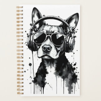 Cool Dog headphones Cute Pets Black and white ink Planner