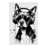 Cool Dog headphones Cute Pets Black and white ink