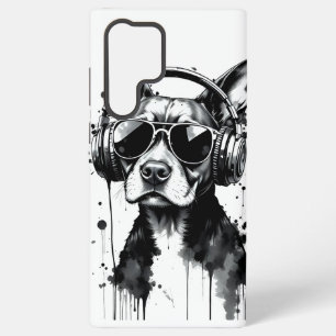 Cool Dog headphones Cute Pets Black and white ink Samsung Galaxy Case