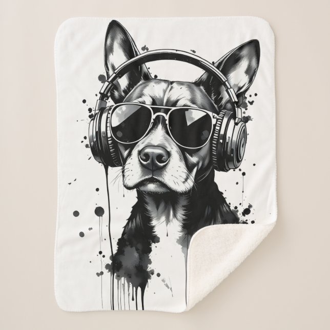 Cool Dog headphones Cute Pets Black and white ink Sherpa Blanket (Front)