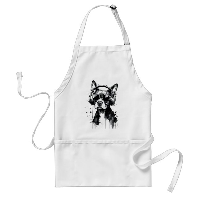 Cool Dog headphones Cute Pets Black and white ink Standard Apron (Front)