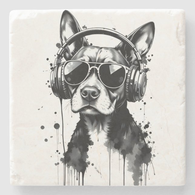 Cool Dog headphones Cute Pets Black and white ink Stone Coaster (Front)