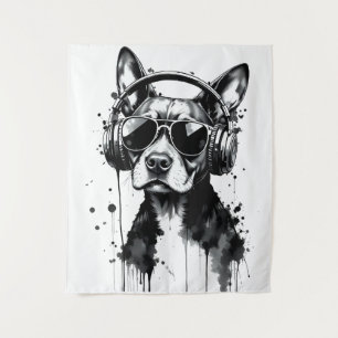 Cool Dog headphones Cute Pets Black and white ink Tapestry