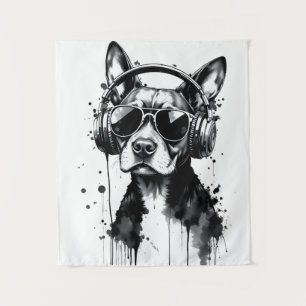 Cool Dog headphones Cute Pets Black and white ink Tapestry