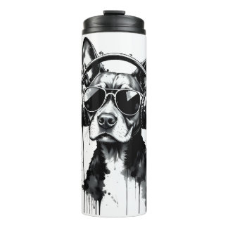 Cool Dog headphones Cute Pets Black and white ink Thermal Tumbler