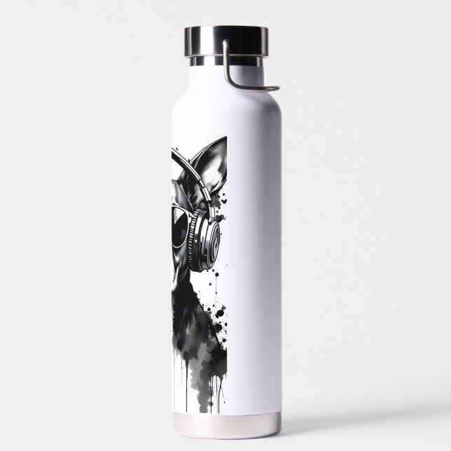 Cool Dog headphones Cute Pets Black and white ink Water Bottle (Left)
