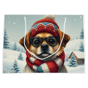 Cool Dog in Preppy Winter Attire and Hat Winter Large Gift Bag