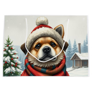 Cool Dog in Preppy Winter Attire and Hat Winter Large Gift Bag