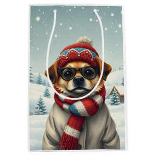 Cool Dog in Preppy Winter Attire and Hat Winter Medium Gift Bag