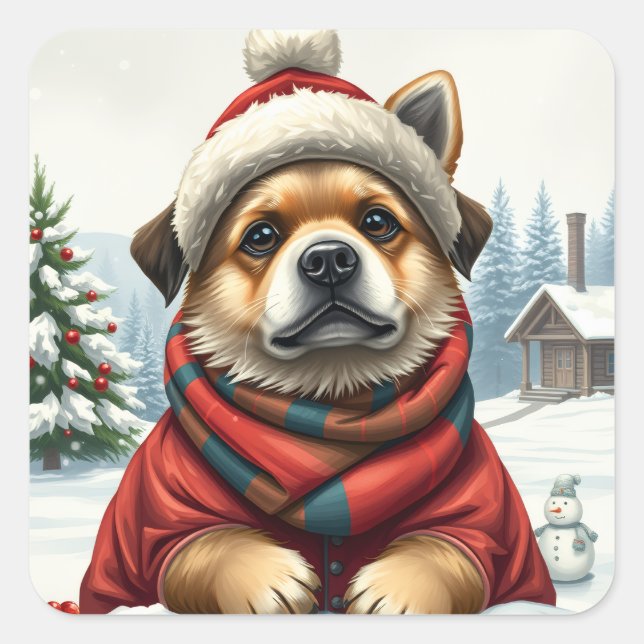 Cool Dog in Preppy Winter Attire and Hat Winter Square Sticker (Front)