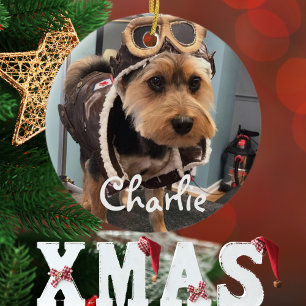 Cool Dog Pilot Photo,Merry Christmas,Personalise Ceramic Tree Decoration