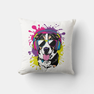 Cool Dog with Headphones Pop Art Design Cushion