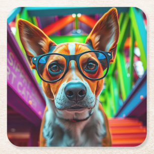 Cool Dog with Sunglasses Square Paper Coaster