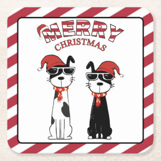 Cool Dogs Striped Merry Christmas Square Paper Coaster
