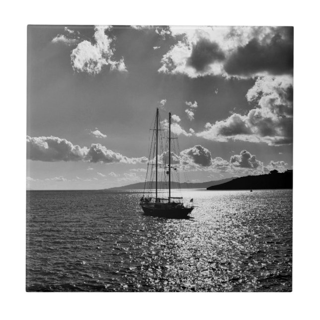 Cool dramatic sky over yacht on sea tile (Front)
