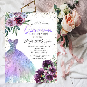 Cool Dress,Confetti Violet Flowers Quinceañera  Invitation