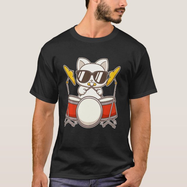 Cool Drummer Cat With Glasses T-Shirt (Front)
