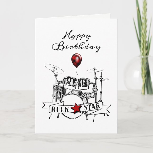 Cool Drummer Rockstar Drum Kit Rocker Birthday Car Card (Front)