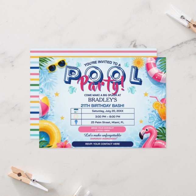 Cool Dude Pool Party Birthday Invitation  (Front/Back In Situ)