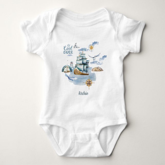 Cool Dude Ship in the Ocean Customisable  Baby Bodysuit (Front)