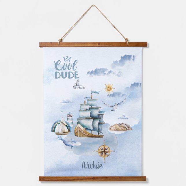 Cool Dude Ship in the Ocean Customisable  Hanging Tapestry (Front)