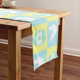Cool Easter Chequerboard Pattern Rooster Eggs Short Table Runner