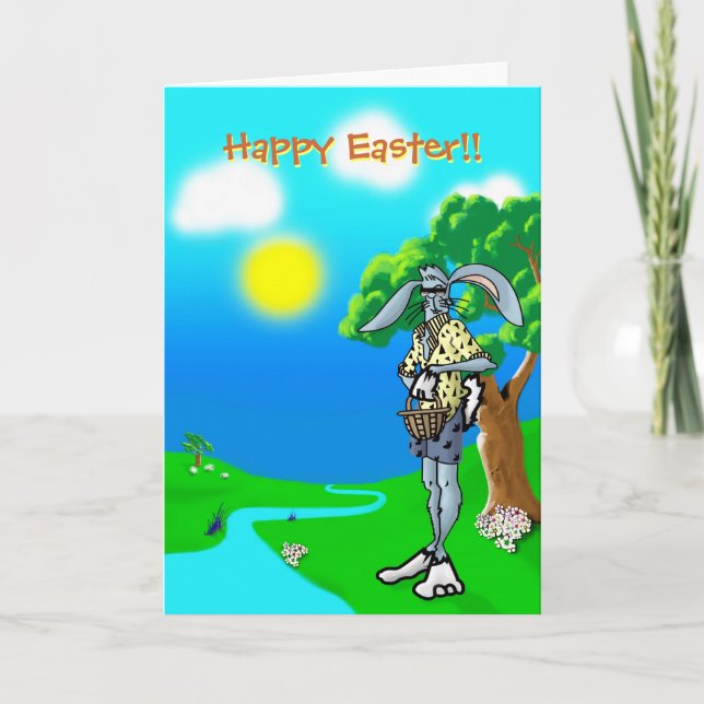 Cool Easter Dude Rabbit with egg basket Holiday Card (Front)
