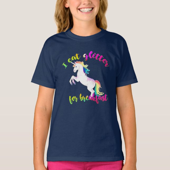 Cool Eat glitter for breakfast Unicorn Funny kid T-Shirt (Front)