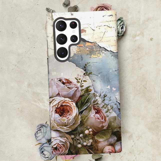 Cool Edgy Shabby Vintage Roses on Torn Paper Samsung Galaxy S22 Ultra Case (Creator Uploaded)