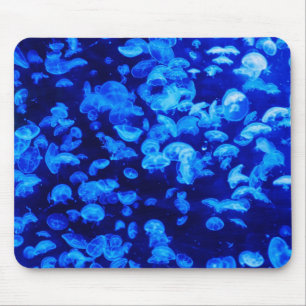 Cool Electric Blue Jellyfish in Deep Blue Sea Mouse Pad