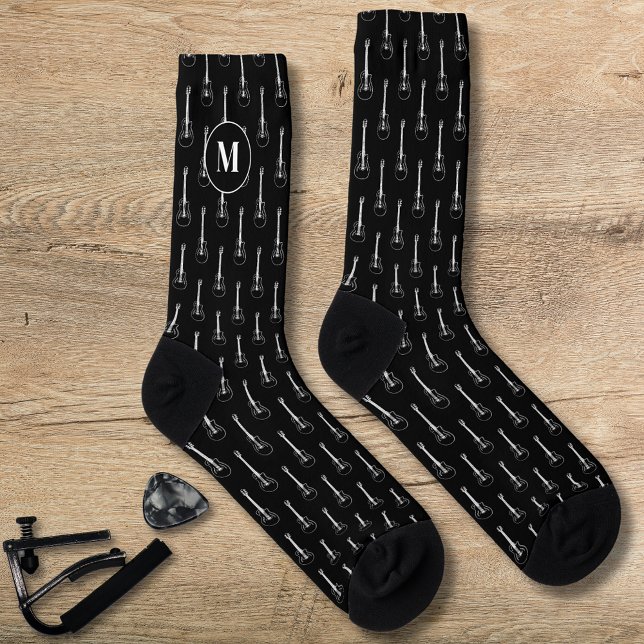 Cool Electric guitar pattern personalised  Socks (Cool Guitar pattern monogram black socks for guitarist musician and music teacher )