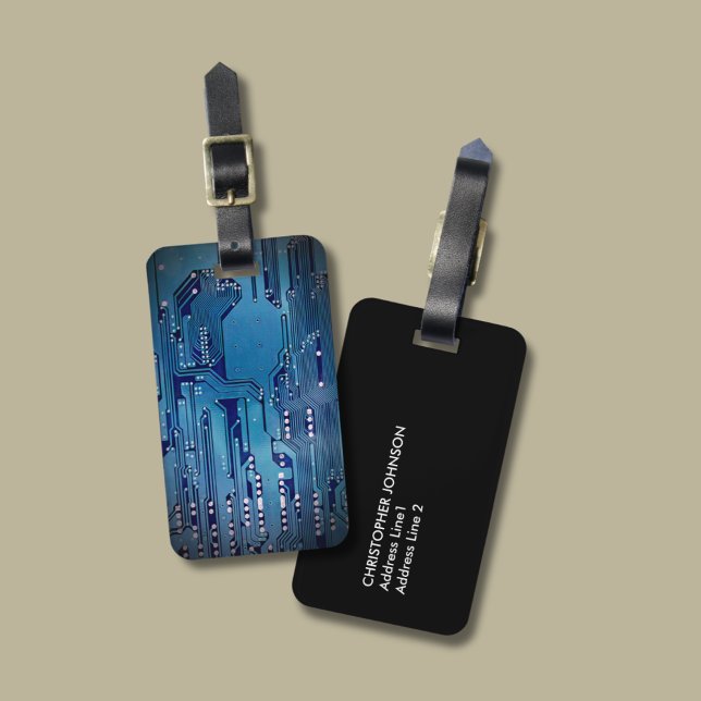 Cool Elegant Blue Circuit Board Black Luggage Tag (Creator Uploaded)