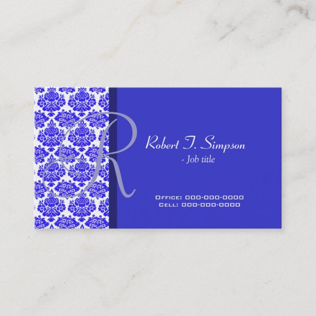 cool, elegant damask blue business card (Front)