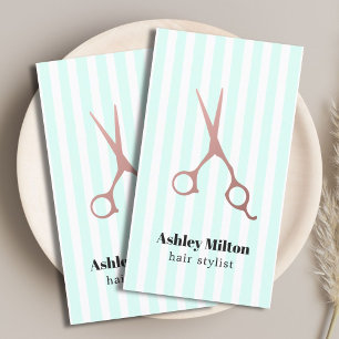 Cool Elegant Rose Gold Scissors Blue White Stripes Business Card